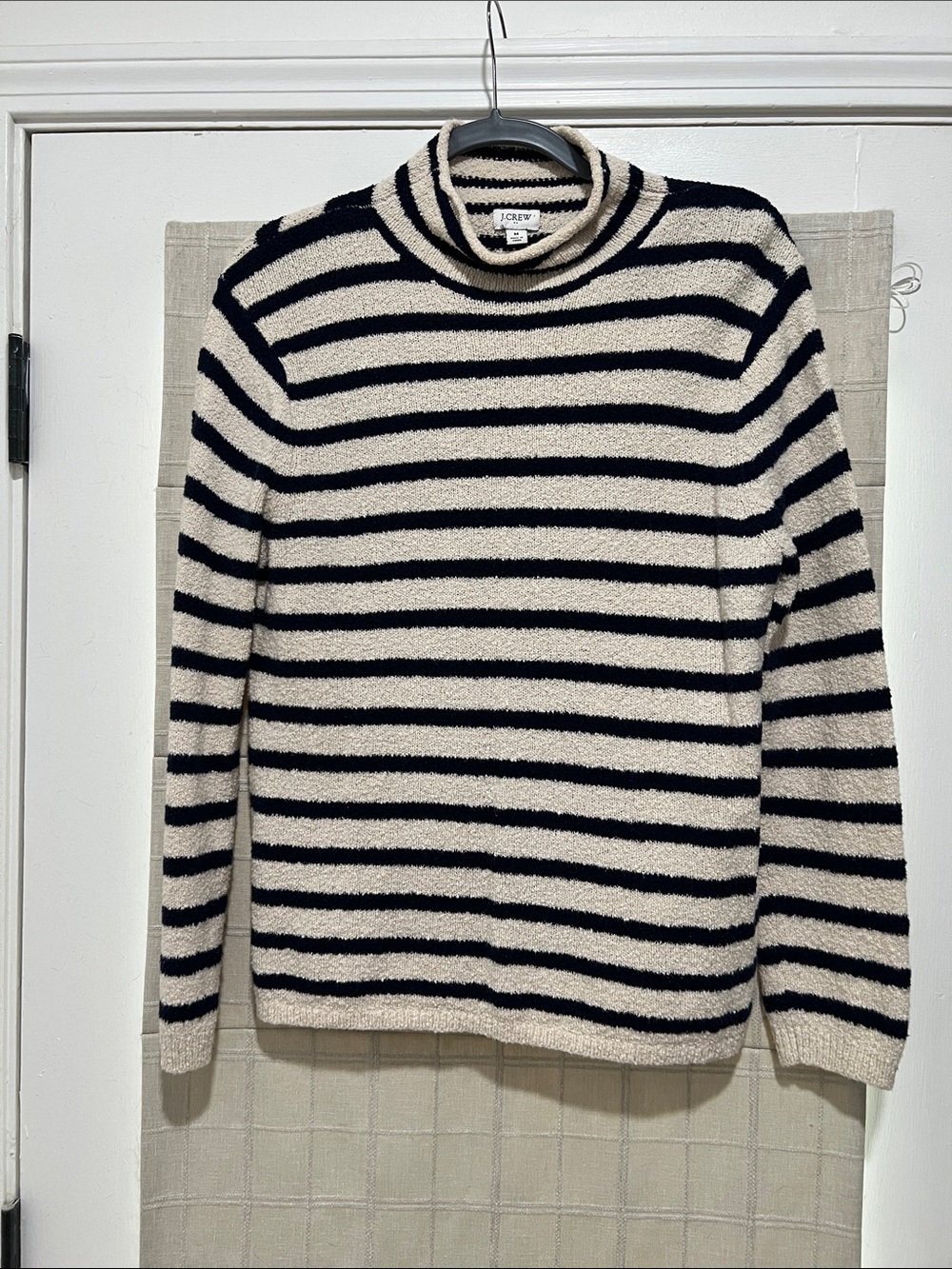 J. Crew Cream and Navy Striped Mockneck Light Sweater